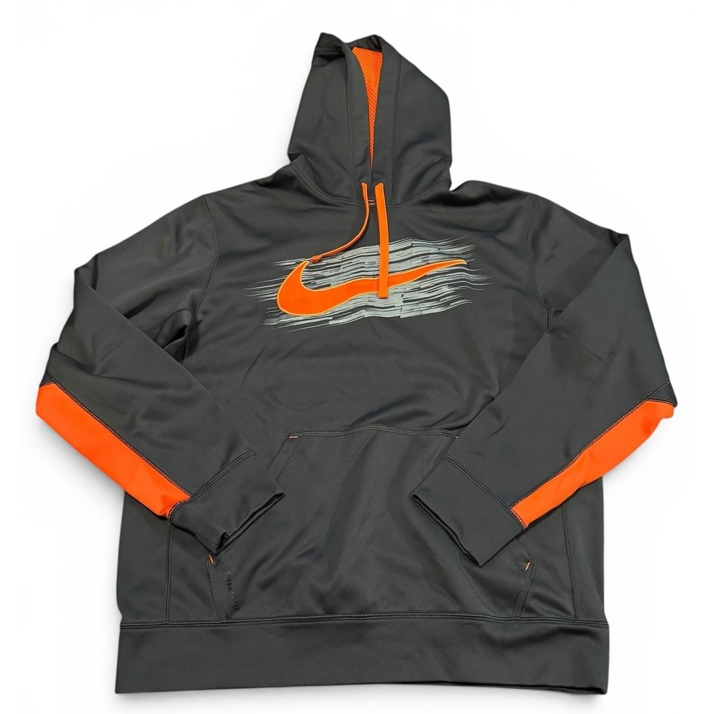 Nike Therma-FIT Hoodie Men's Medium Gray Orange Swoosh Pullover